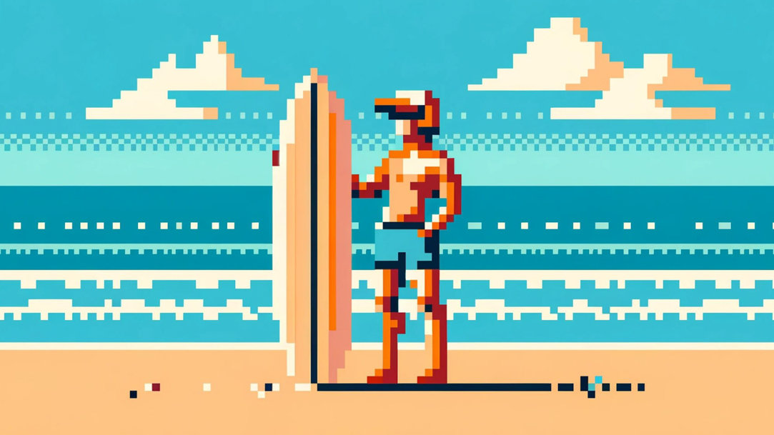 Two-bit surfer holding a surfboard on a beach