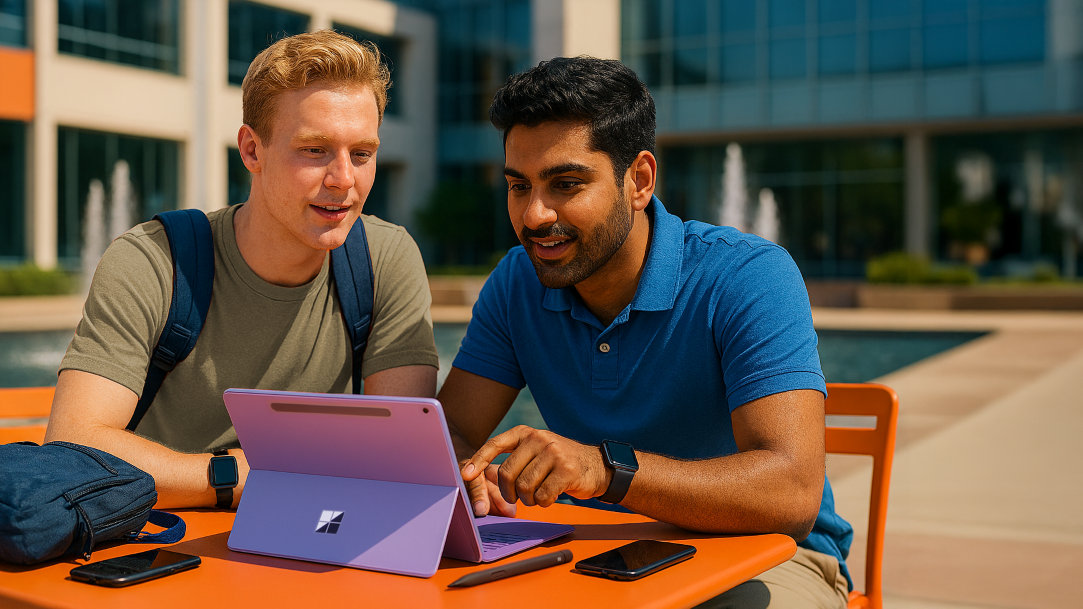Two college students on a university campus collaborating with other classmates, on a 13-inch Surface Pro 2-in-1 Laptop