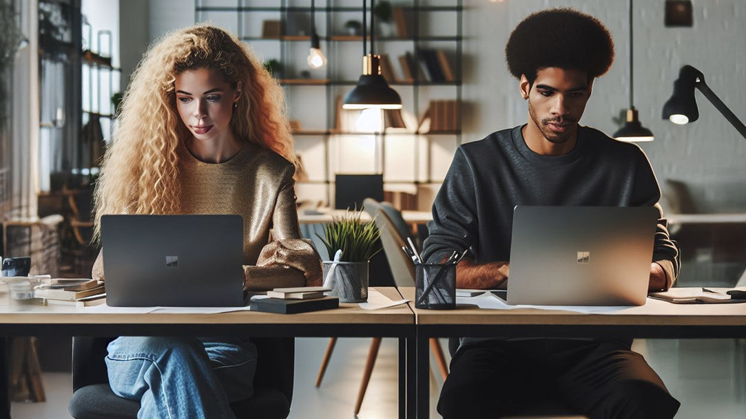 Two creatives in an office setting looking at their computers