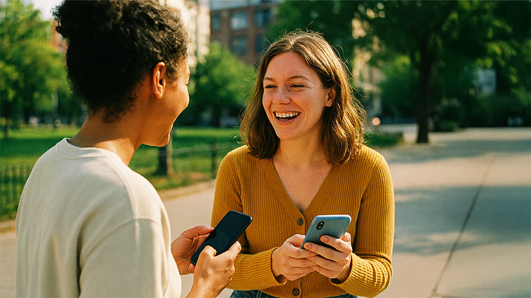 Two friends sharing their Copilot AI prompts results over their phones