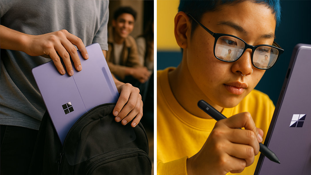 Two images of a Surface Pro, one showing a student placing it in a backpack and another showing the student using the Surface Pro with a stylus