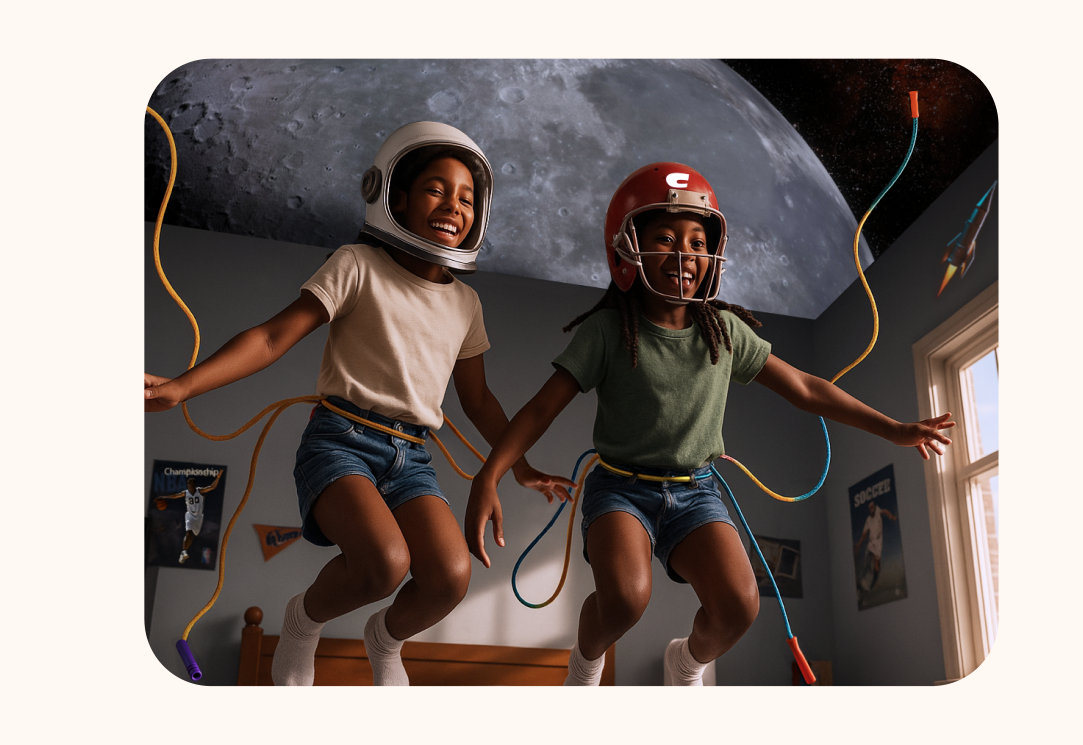 Two little girls imagining being in outer space