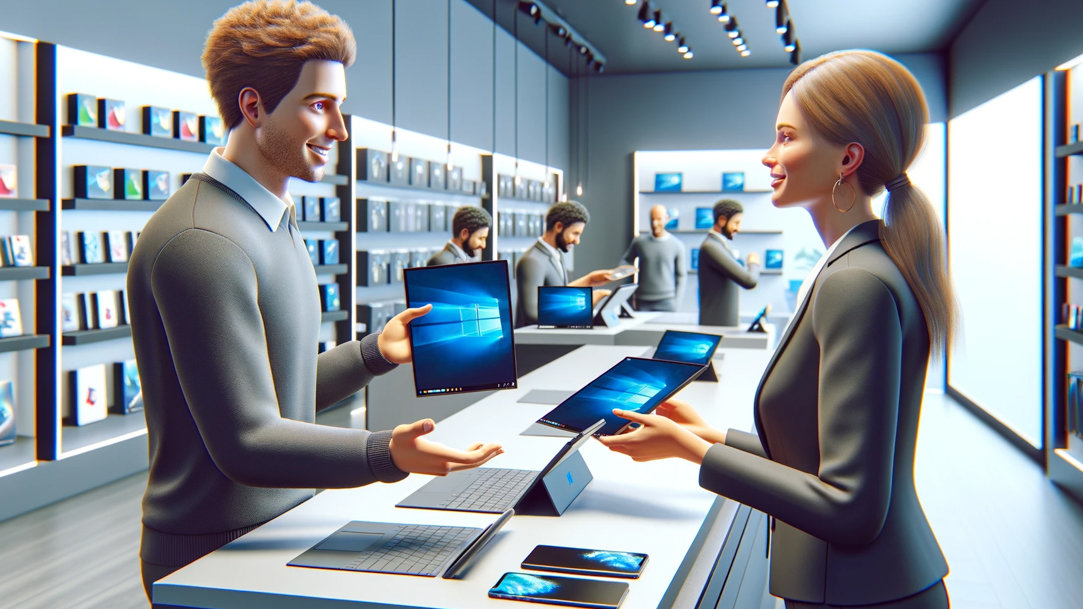 Two people in a store discussing Microsoft Surface devices