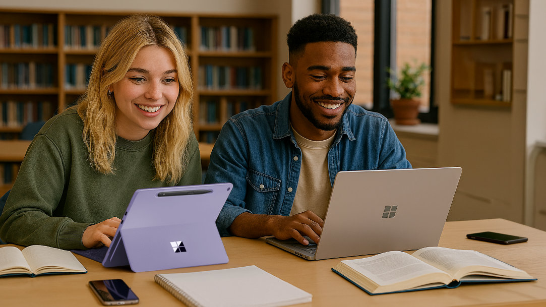 Two people sitting at desks in a classroom and using a laptop together