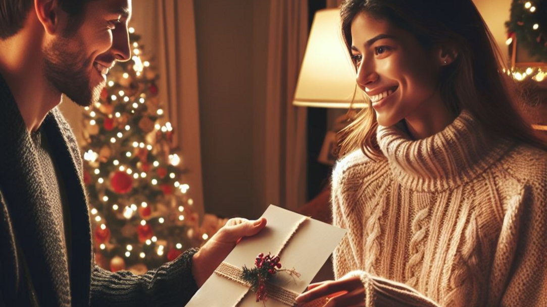 Two people wearing sweaters and smiling exchange a holiday card in a warmly lit living room setting