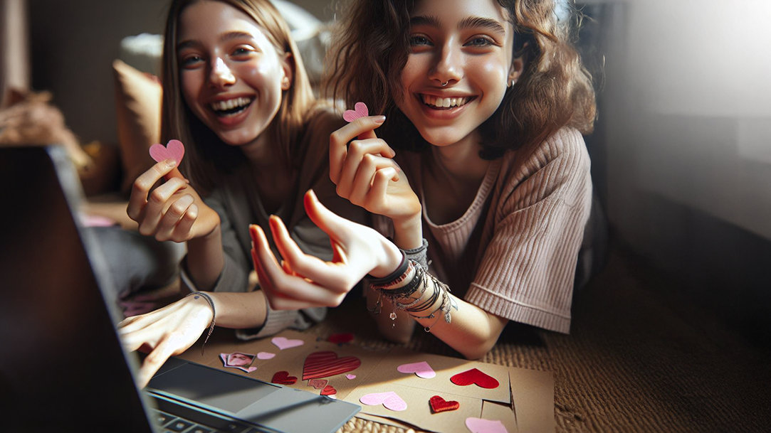 Two young girls smiling while holding construction paper hearts