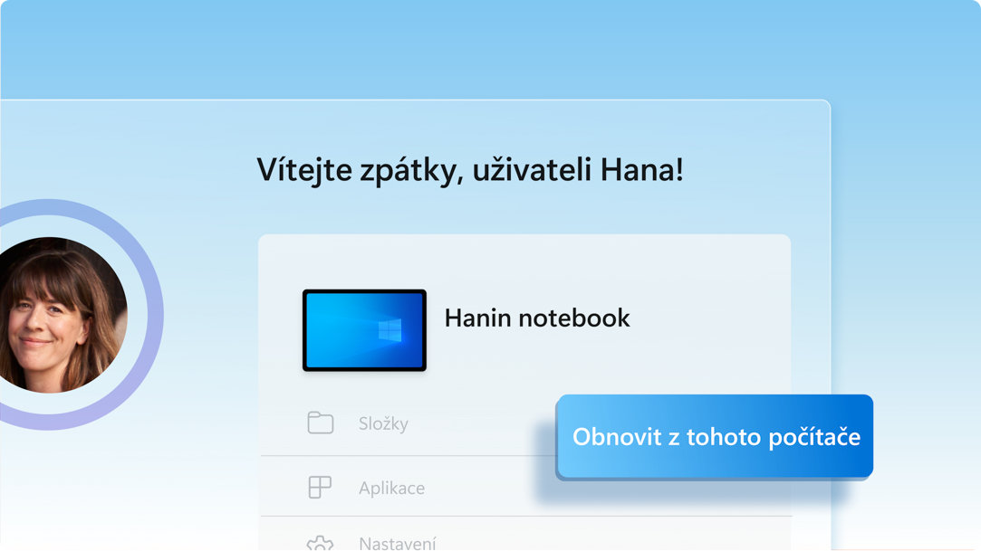 Obrazovka vítající uživatele zpět, která identifikuje zařízení uživatele