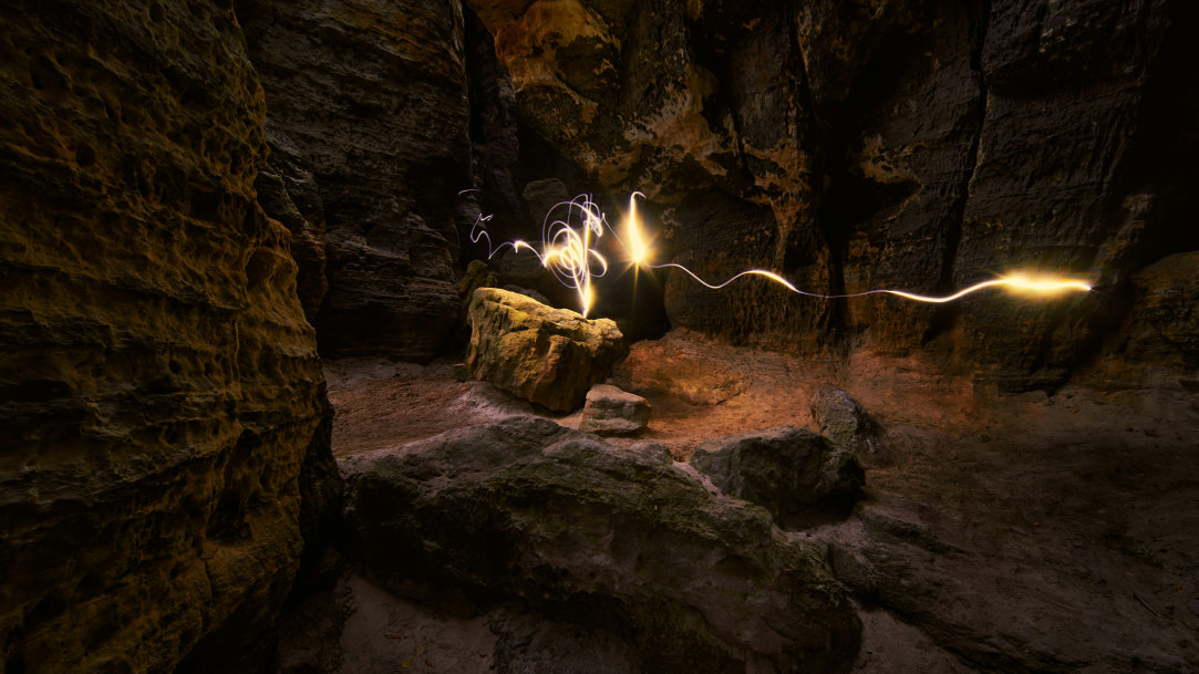 Video game scene in a mystical cavern