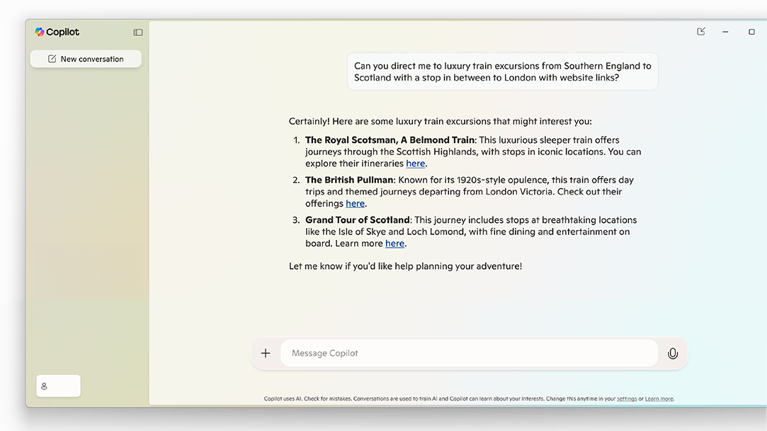 Visual of Copilot answering questions about London travel
