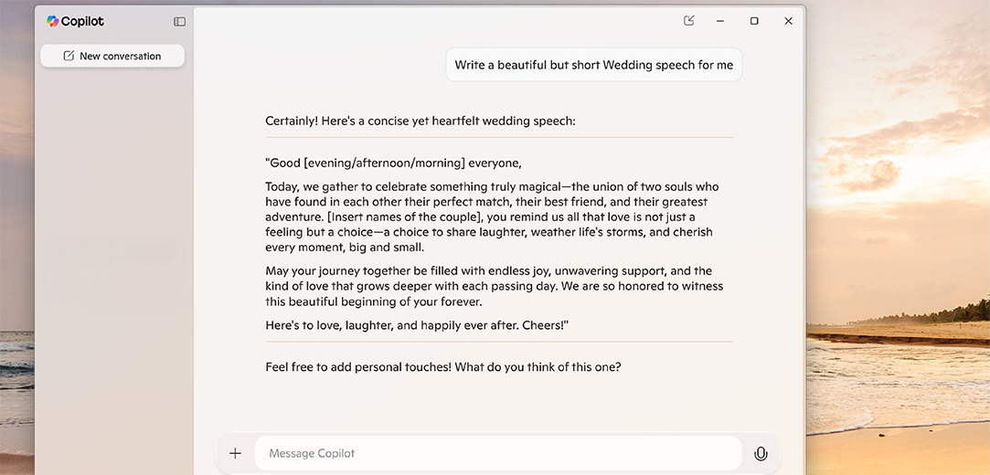  Visual of a wedding speech prompt in Copilot