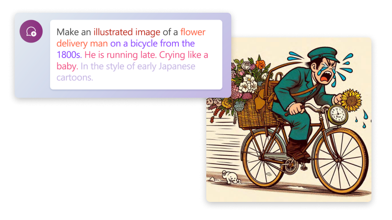 Visual of these words: “Make an illustrated image of a flower delivery man on a bicycle from the 1800s. He is running late. Crying like a baby. In the style of early Japanese cartoons,” and an illustration of a flower delivery man crying on a bicycle