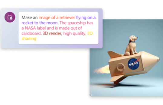 Visual of these words: “Make an image of a retriever flying on a rocket to the moon. The spaceship has a NASA label and is made out of cardboard. 3D render, high quality, 3D shading