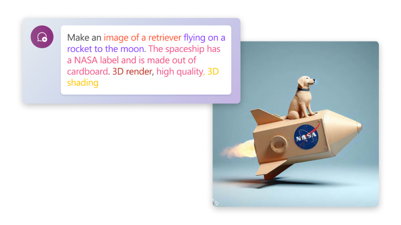 Visual of these words: “Make an image of a retriever flying on a rocket to the moon. The spaceship has a NASA label and is made out of cardboard. 3D render, high quality, 3D shading,” and a retriever flying on a NASA rocket