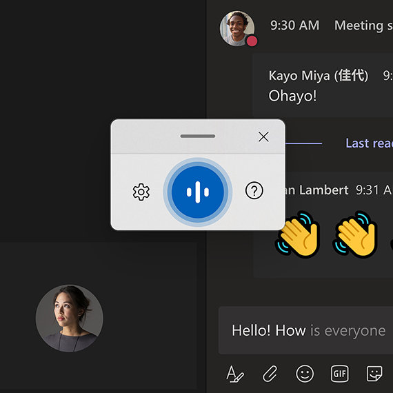 Pop-Out-Box für die Spracheingabe mit Besprechungsbildschirm im Hintergrund und zwei Hand-Emojis