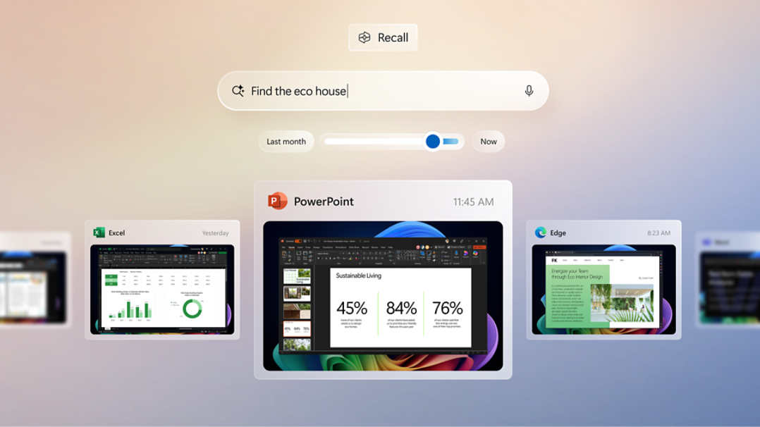 Windows displaying various Windows 11 Pro apps with a scrollable timeline above them.