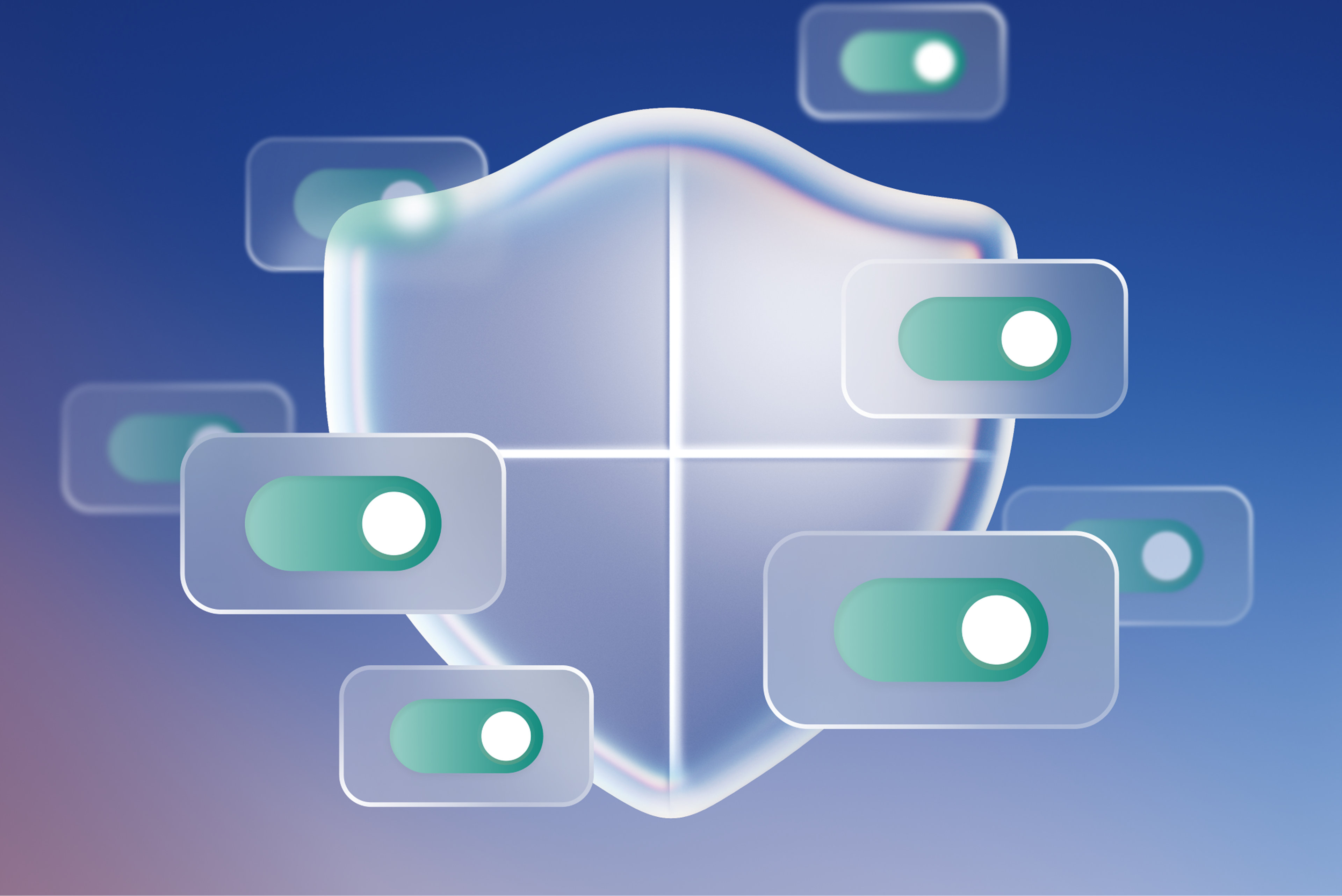 A white security shield with green toggle buttons on a blue gradient background