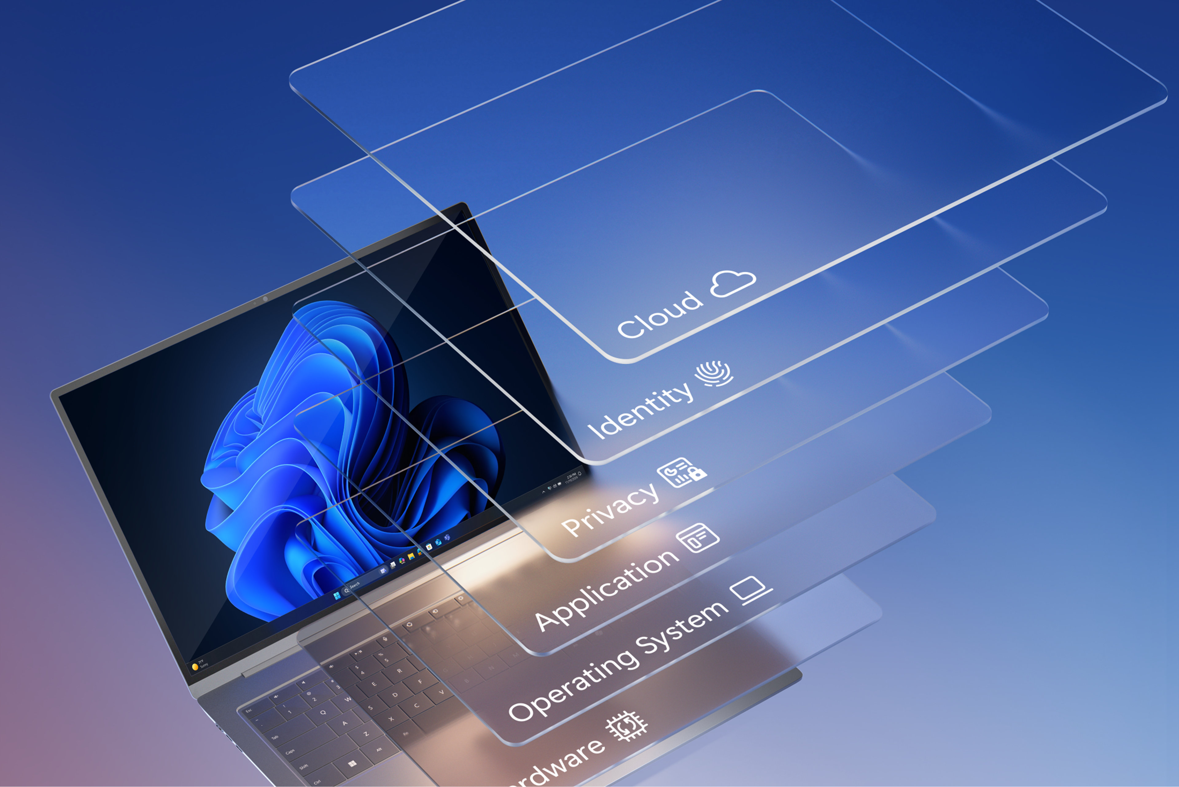 An open laptop with transparent boxes floating above it on a blue gradient background