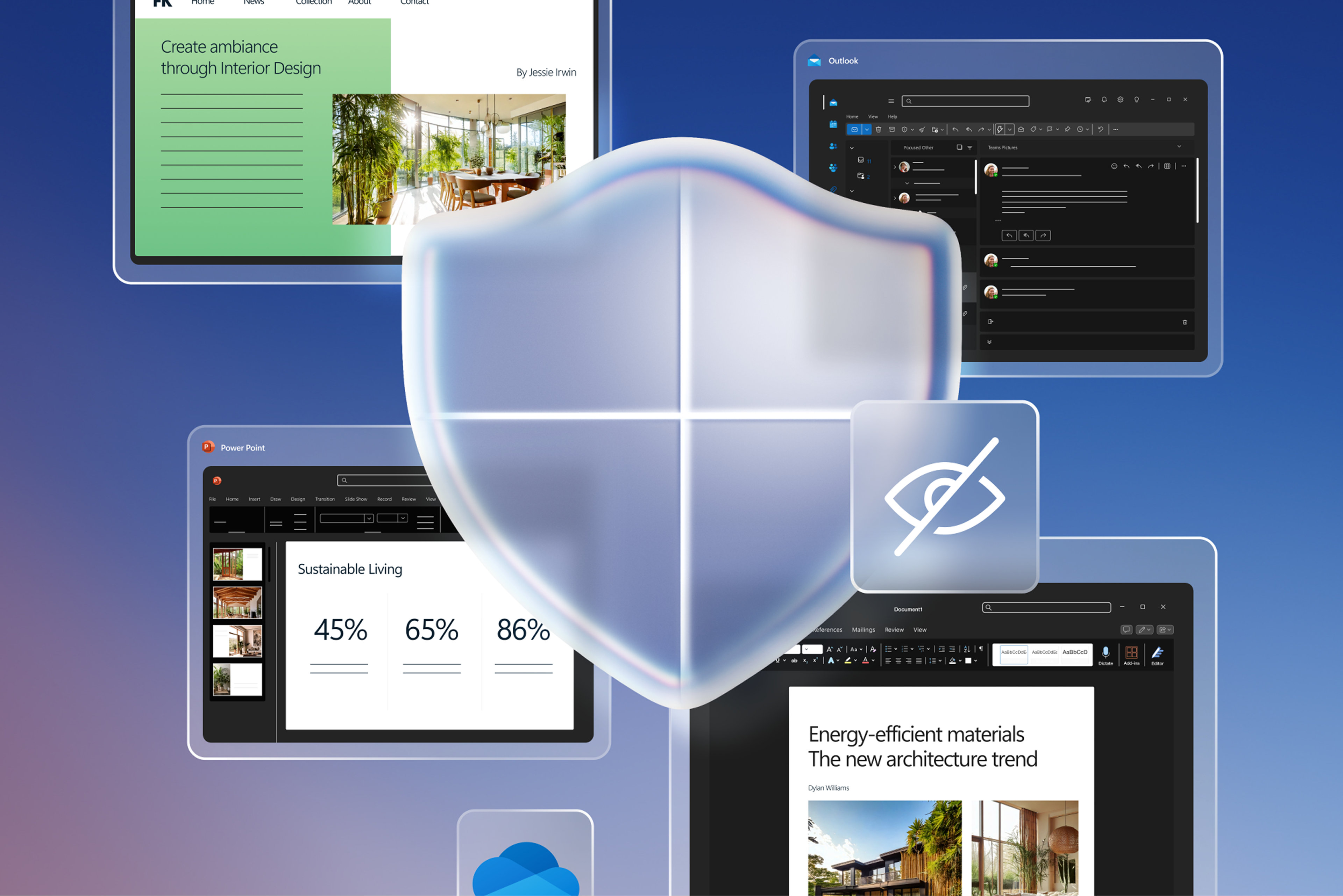 A white security shield with four open windows displaying webpages and slide decks on a blue gradient background