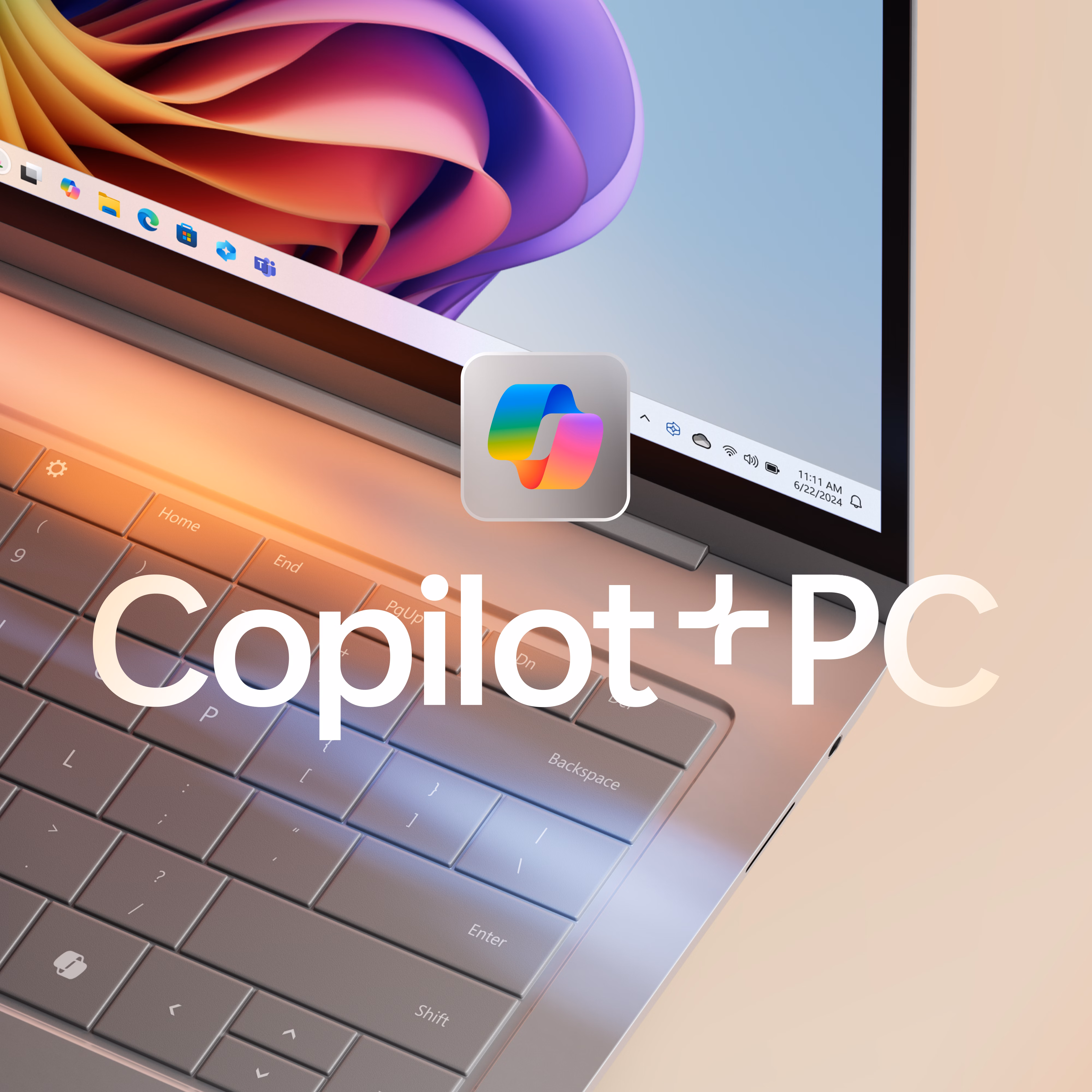 Windows 11 arvuti värvika õie ja Copiloti ikooniga ekraanil