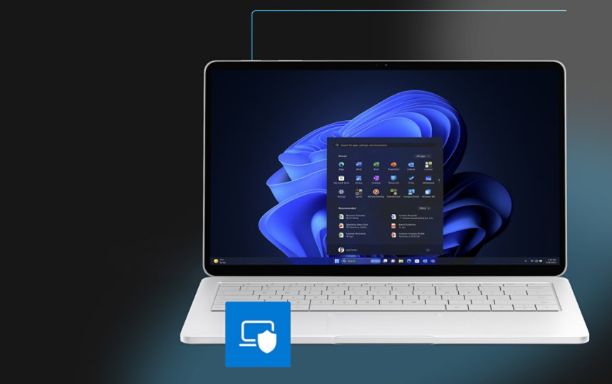 노트북에 열려 있는 Windows 11 Pro 바탕 화면 및 작업 표시줄 시작 메뉴