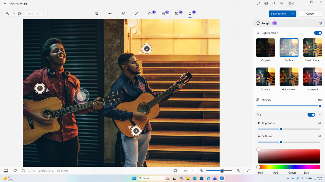 Windows 11 screen showing Photos app with an open photo of two men playing guitars