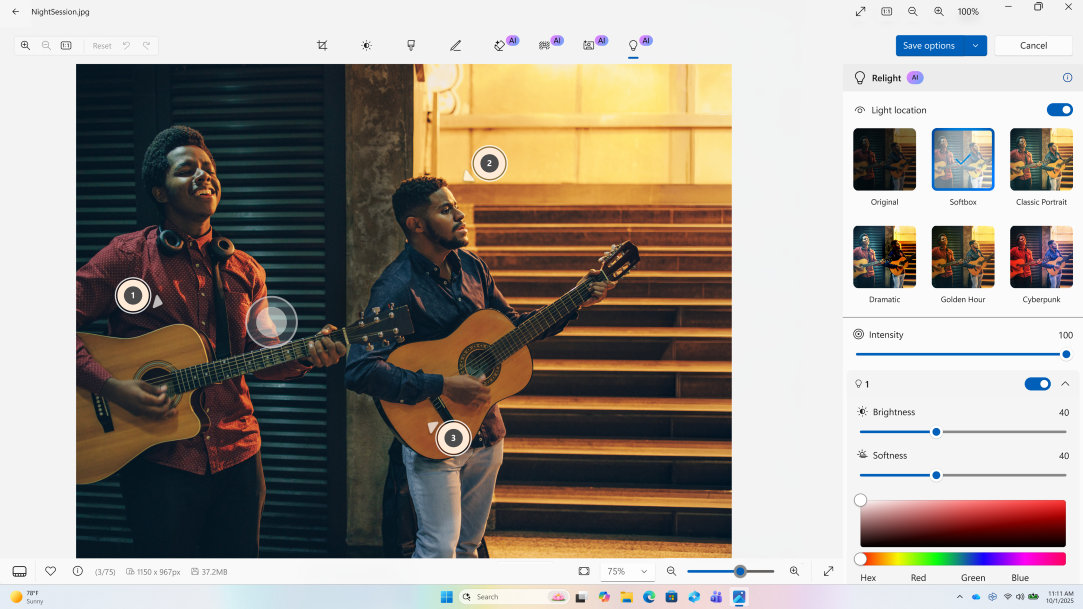 Windows 11 screen showing Photos app with an open photo of two men playing guitars