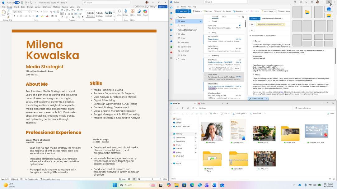 Windows 11 screen showing snapped applications Word, Outlook and File Manager