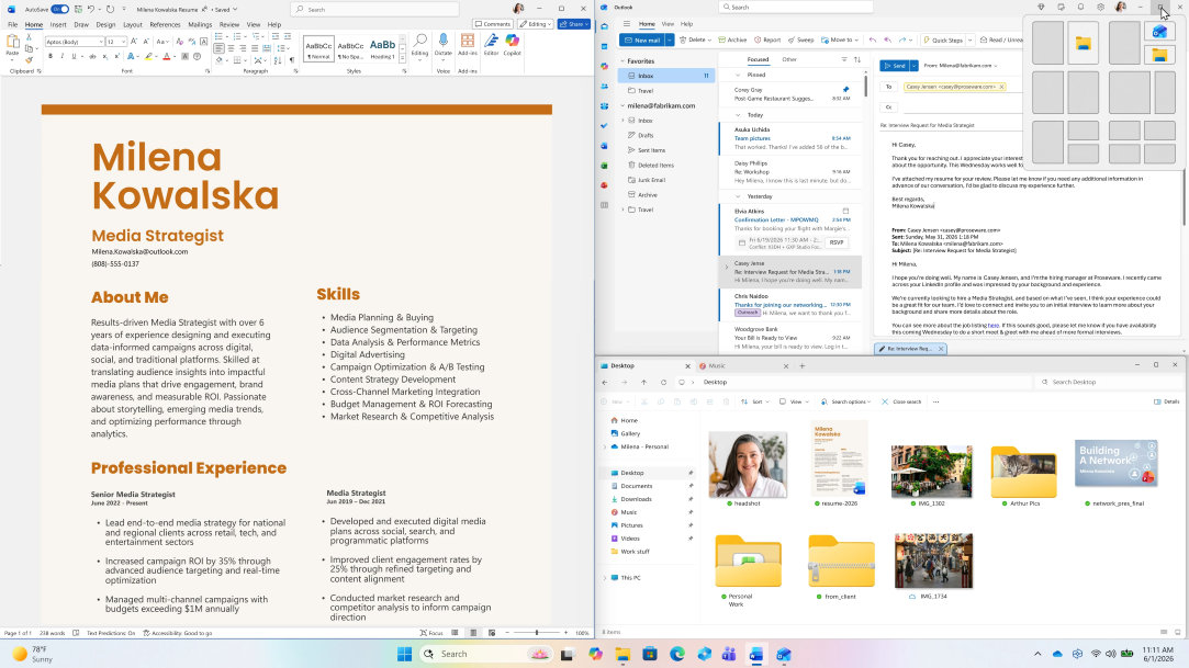 Windows 11 screen showing snapped applications Word, Outlook and File Manager