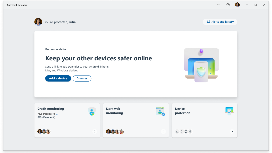 Windows Microsoft 365 consumer application screen showing Microsoft Defender Dashboard with Dark web monitoring and Credit monitoring