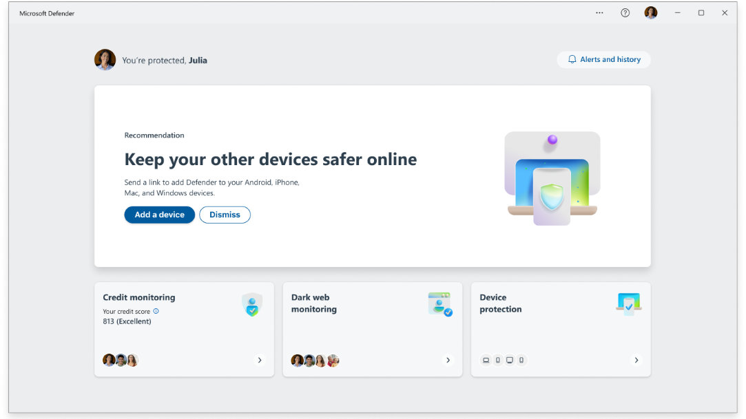 Windows Microsoft 365 consumer application screen showing Microsoft Defender Dashboard with Dark web monitoring and Credit monitoring