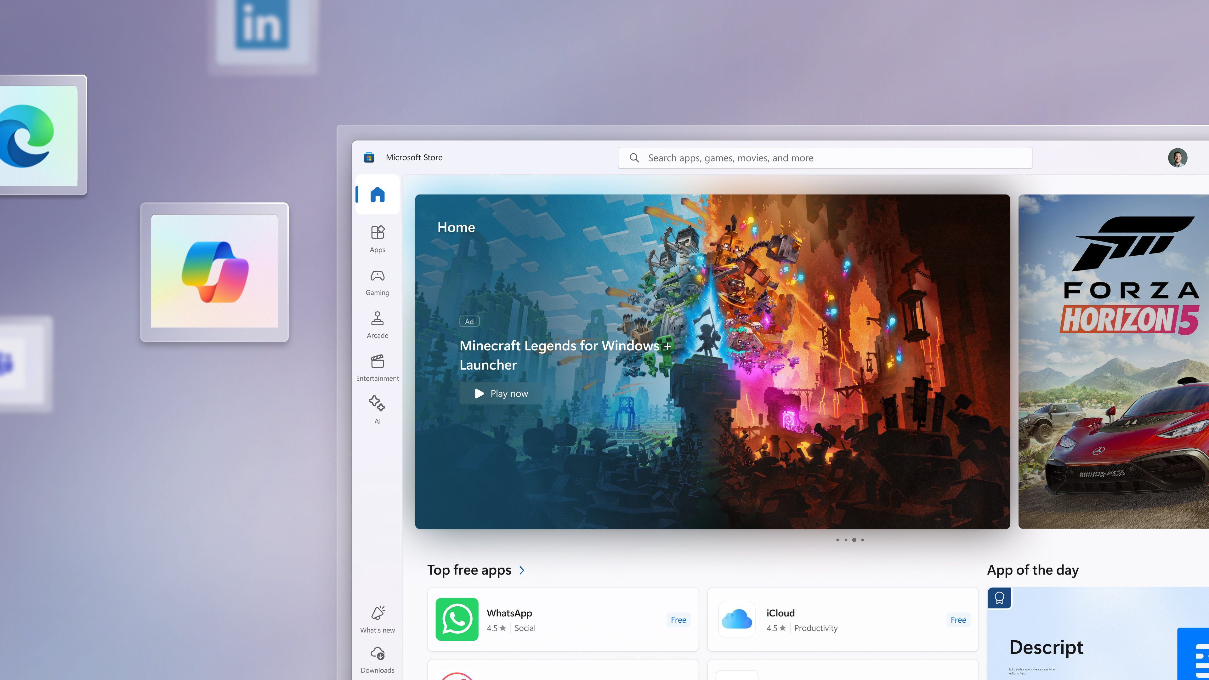 Atvērta programma Microsoft Store ar palielinātām programmas ikonām uz violeta gradienta fona