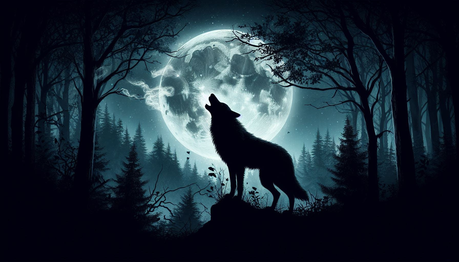 Wolf in mountainous terrain howling with the moon behind it
