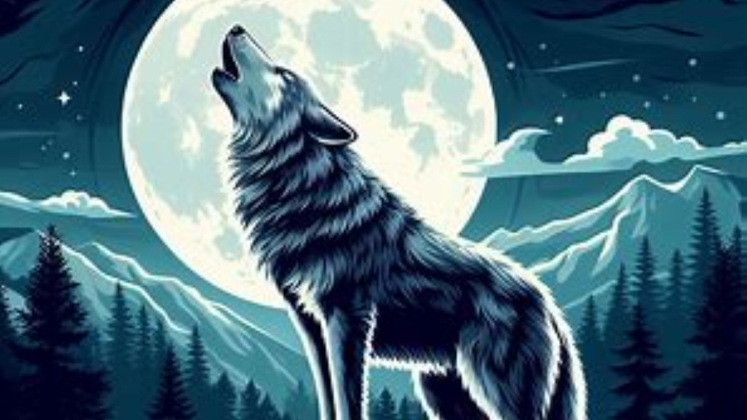 Wolf in mountainous terrain howling with the moon behind it