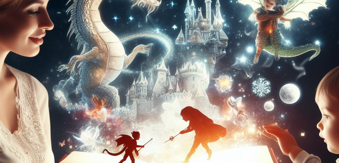 Woman and child reading a book that has come to life