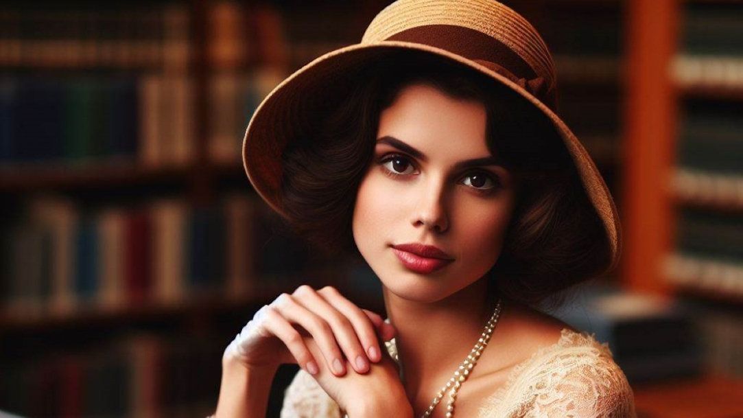 Woman dressed in 1920’s style sitting at a table in a library