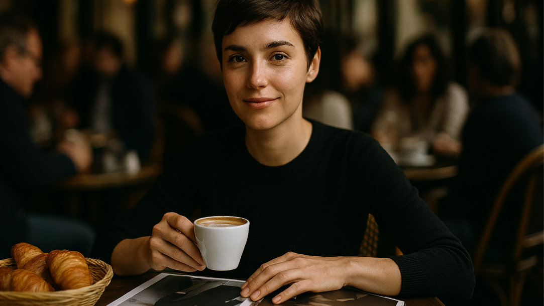 Woman inside French cafe