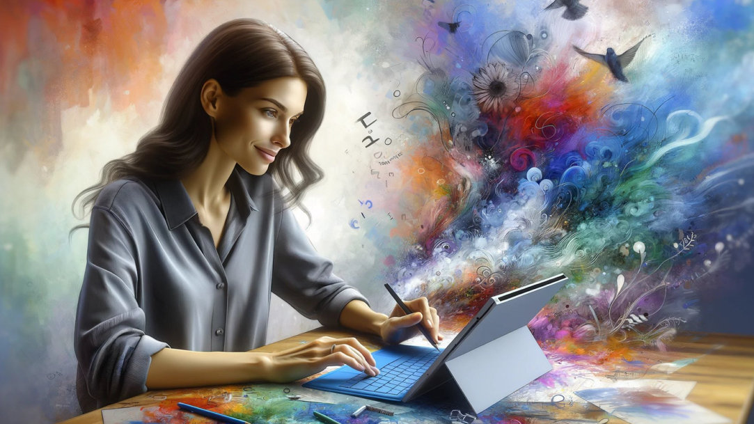 Woman typing on a Surface Pro 9 with a colorful swirl around her representing her creativity 
