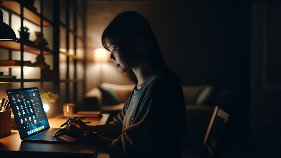 Woman using dark mode on computer