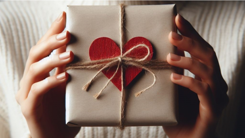 Woman’s hands holding a small gift tied with a sisel string with a red heart on it