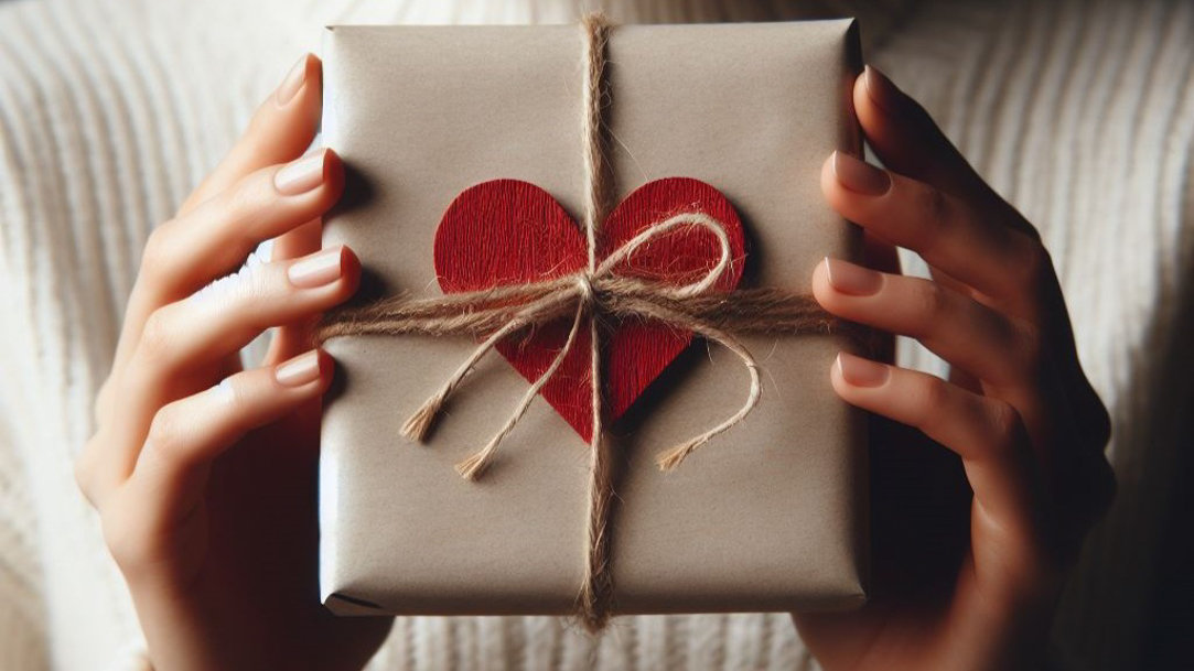 Woman’s hands holding a small gift tied with a sisel string with a red heart on it.