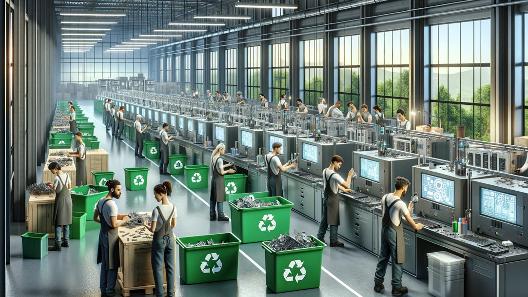 Workers in a futuristic, eco-friendly office space.