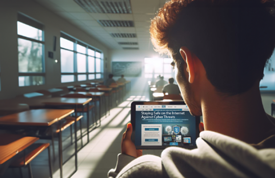 Young man holding a device with a webpage indicating how to stay safe on the internet