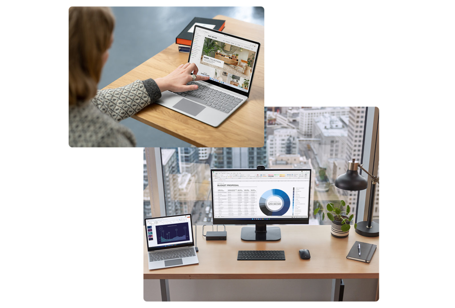 Un appareil Surface est connecté à un Surface Dock 2 sur un bureau à proximité d’un écran externe, d’un clavier, d’une souris, d’un stylet et d’un carnet de note