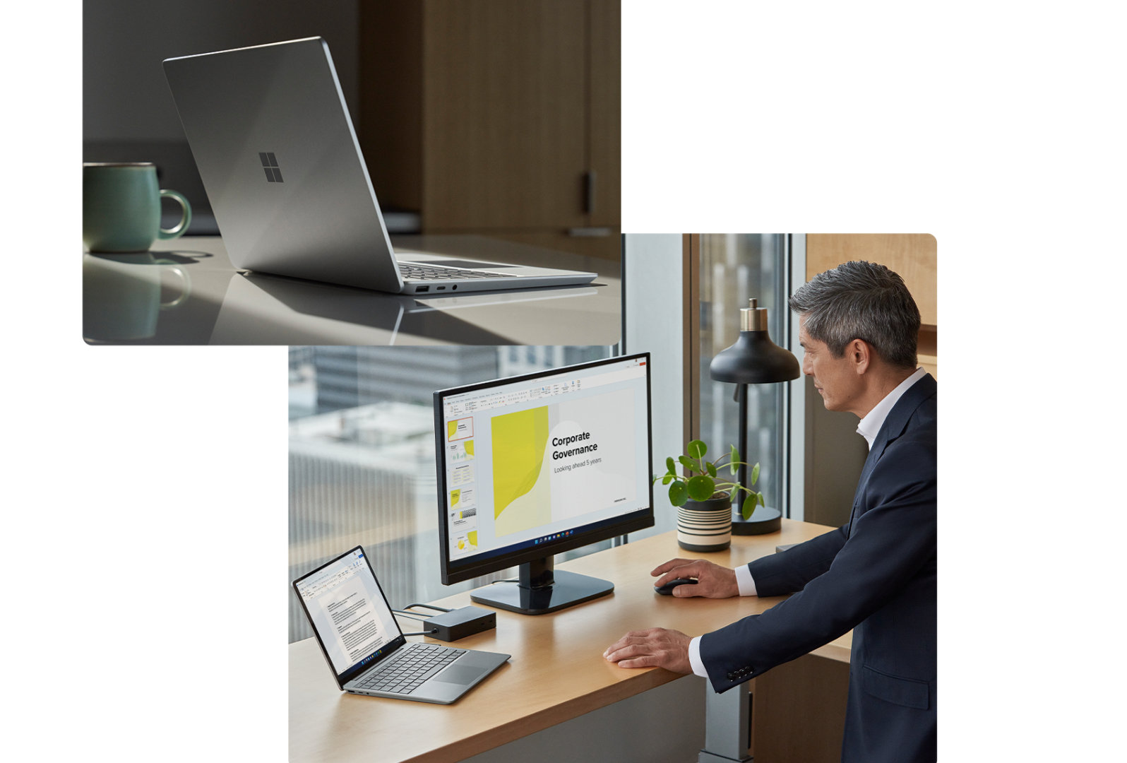 Se observa un dispositivo Surface Laptop Go 2 sobre un escritorio de oficina, con una taza cerca