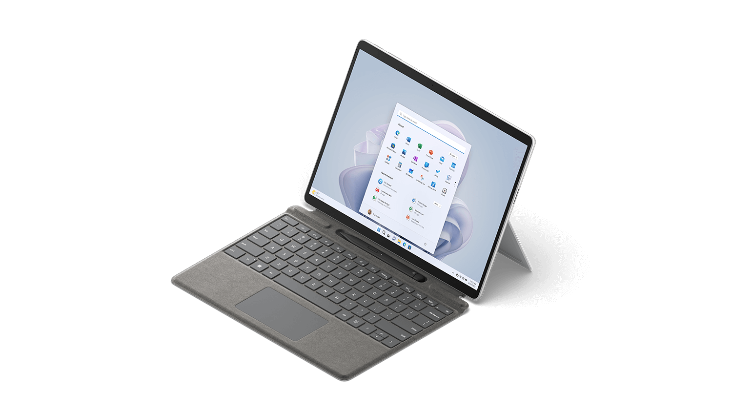 Surface Pro 9 shown from a 3/4 view with attached type cover and Surface Slim Pen 2.