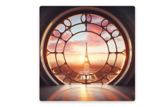 A view of the Eiffel Tower at sunset through a large circular window