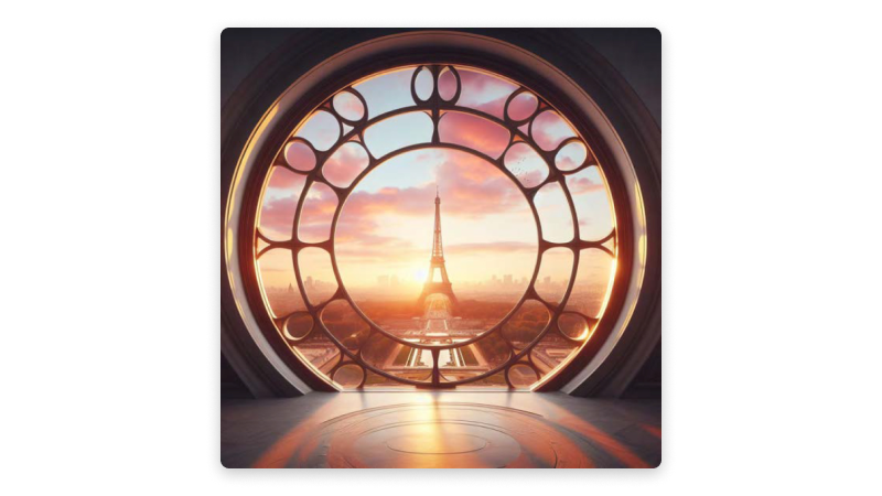 A view of the Eiffel Tower at sunset through a large circular window