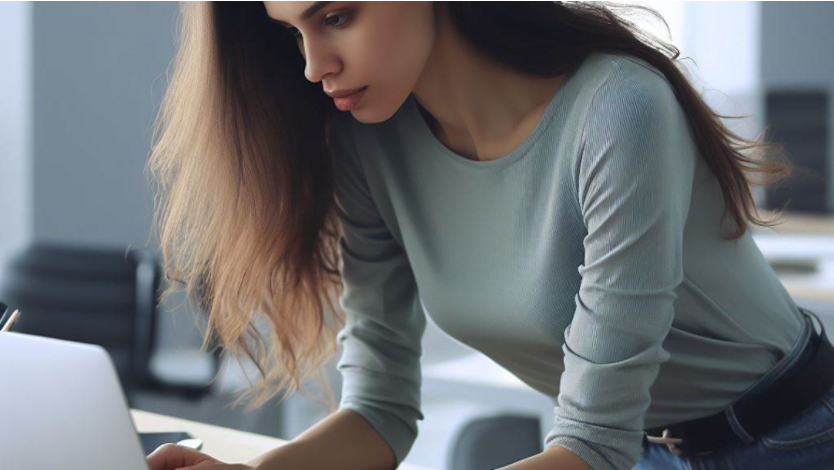 a young woman standing at a desk, turning on her laptop