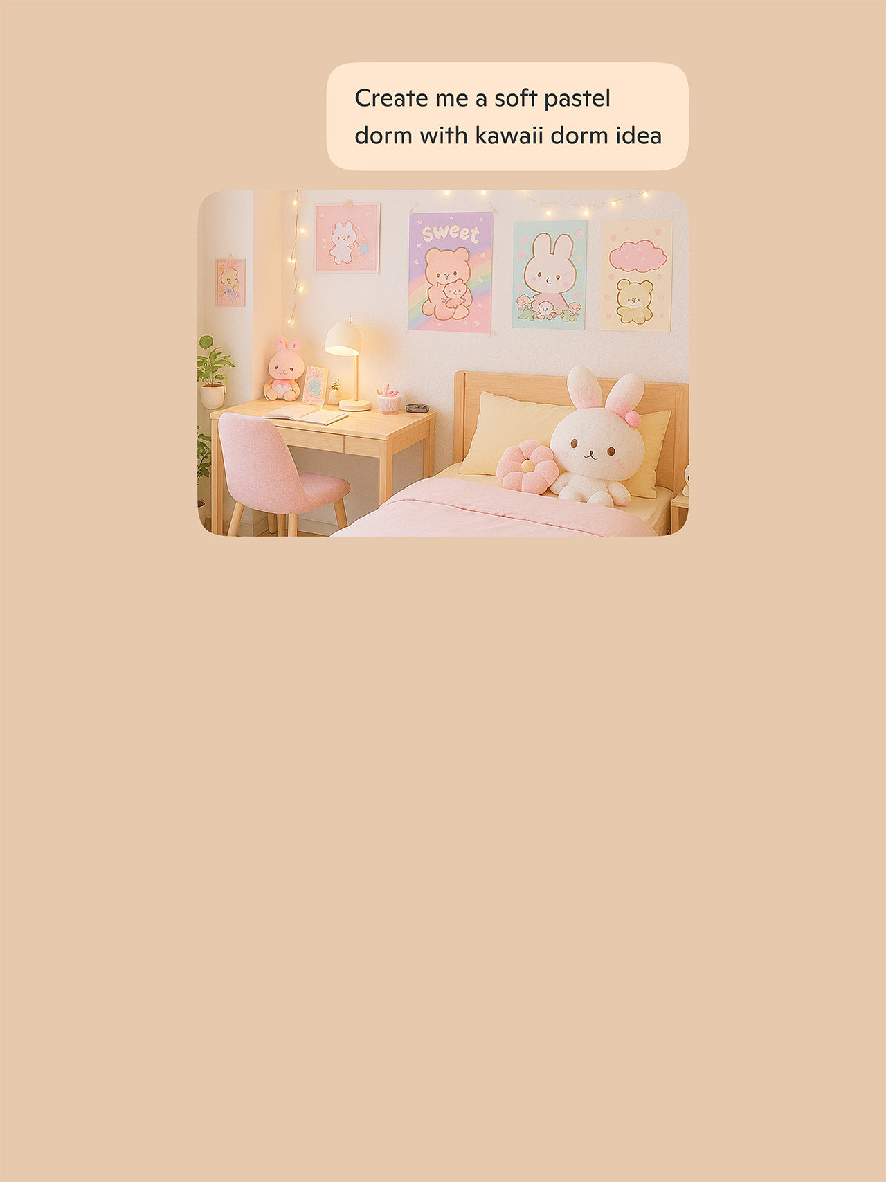 A Image Generation screen with a prompt request that says “Create me a soft dorm with a kawaii dorm idea” and an AI generated image of the request below