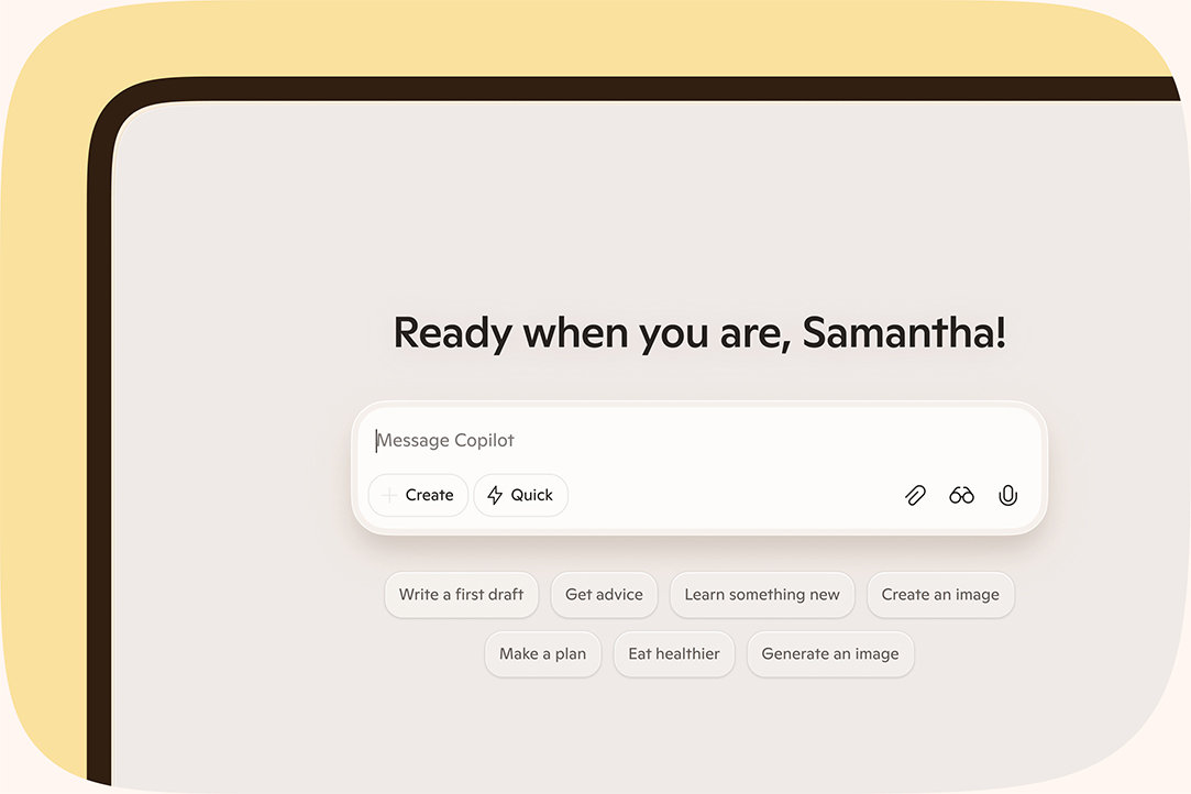 Copilot home page with text saying “Ready when you are, Samantha!” over a light yellow background